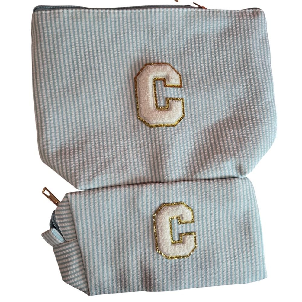 YOOLIFE Seersucker Cosmetic Bag Pouch Set NEW Light Blue White C Letter Accent